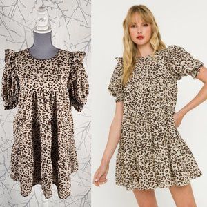 La Ven Leopard Print Ruffle Babydoll Mini Dress